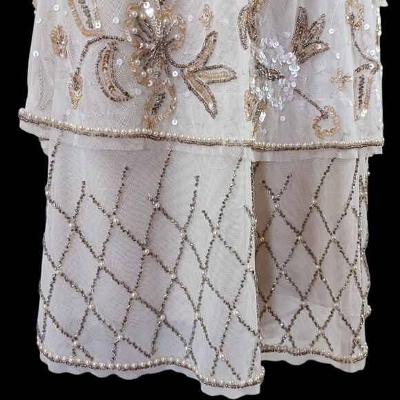 Adrianna Papell Art Deco Beaded Flapper Dress 2 | 20s Gatsby Tier Cocktail Gold - Picture 13 of 13